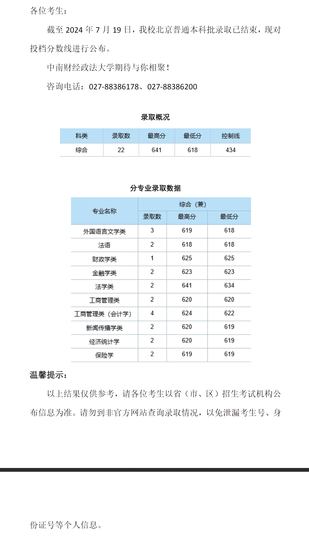 中南财经政法大学2024年本科招生录取分数线（北京普通本科批）