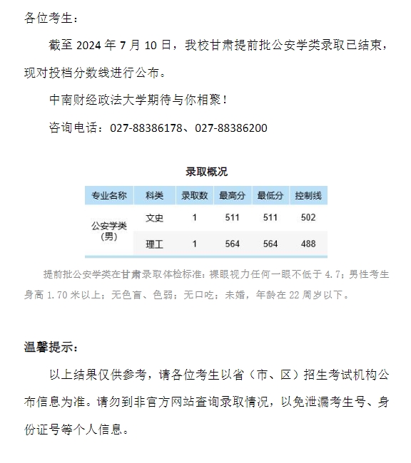 中南财经政法大学2024年本科招生录取分数线（甘肃提前批公安学类）