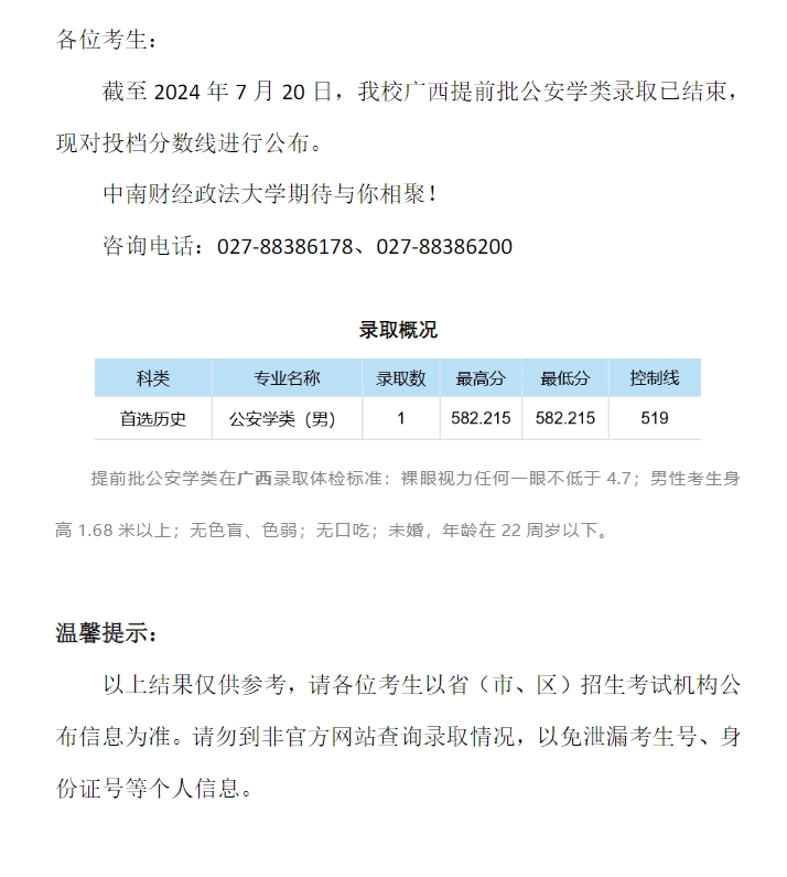 中南财经政法大学2024年本科招生录取分数线（广西提前批公安学类）