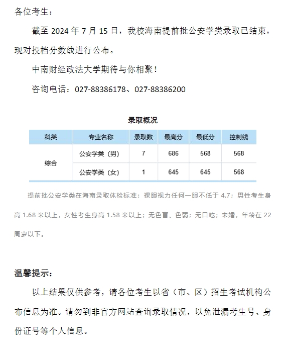 中南财经政法大学2024年本科招生录取分数线（海南提前批公安学类）
