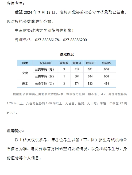 中南财经政法大学2024年本科招生录取分数线（河北提前批公安学类）