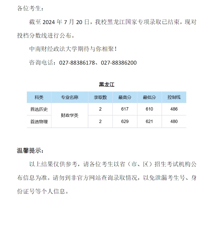 中南财经政法大学2024年本科招生录取分数线（黑龙江国家专项）