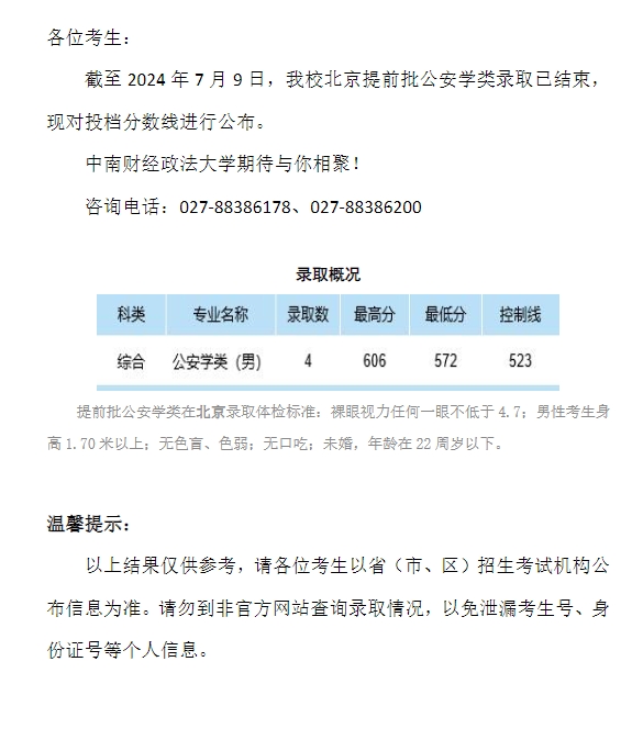 中南财经政法大学2024年本科招生录取分数线（北京提前批公安学类）