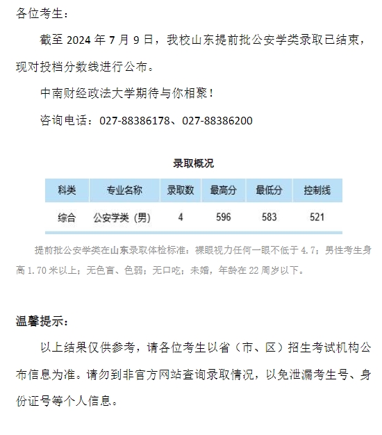 中南财经政法大学2024年本科招生录取分数线（山东提前批公安学类）