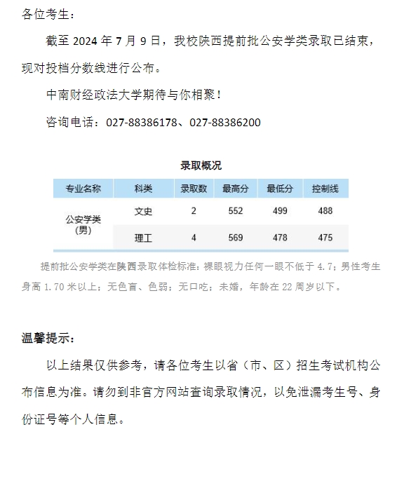 中南财经政法大学2024年本科招生录取分数线（陕西提前批公安学类）