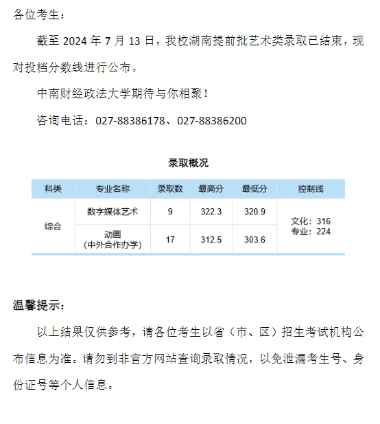 中南财经政法大学2024年本科招生录取分数线（湖南提前批艺术类）