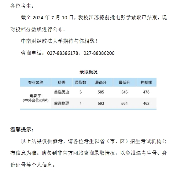 中南财经政法大学2024年本科招生录取分数线（江苏提前批电影学）