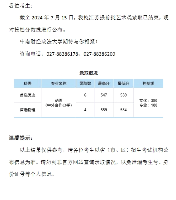中南财经政法大学2024年本科招生录取分数线（江苏提前批艺术类）