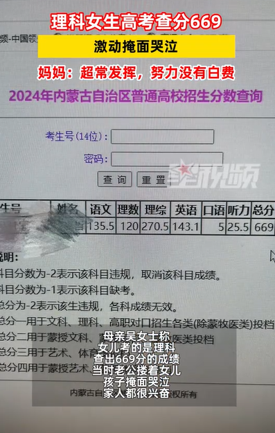 理科女生高考查分669激动掩面哭泣 网友们送上祝福