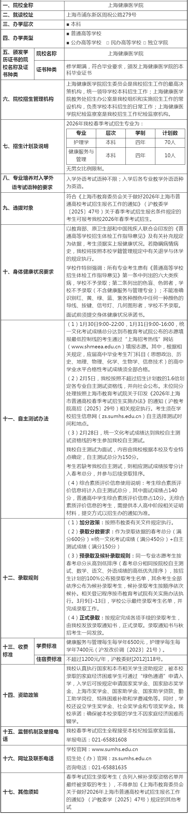 上海健康医学院2026年春季招生章程
