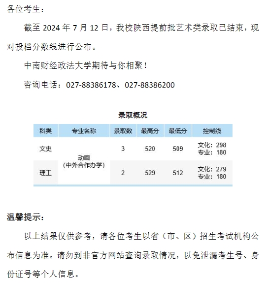 中南财经政法大学2024年本科招生录取分数线（陕西提前批艺术类）