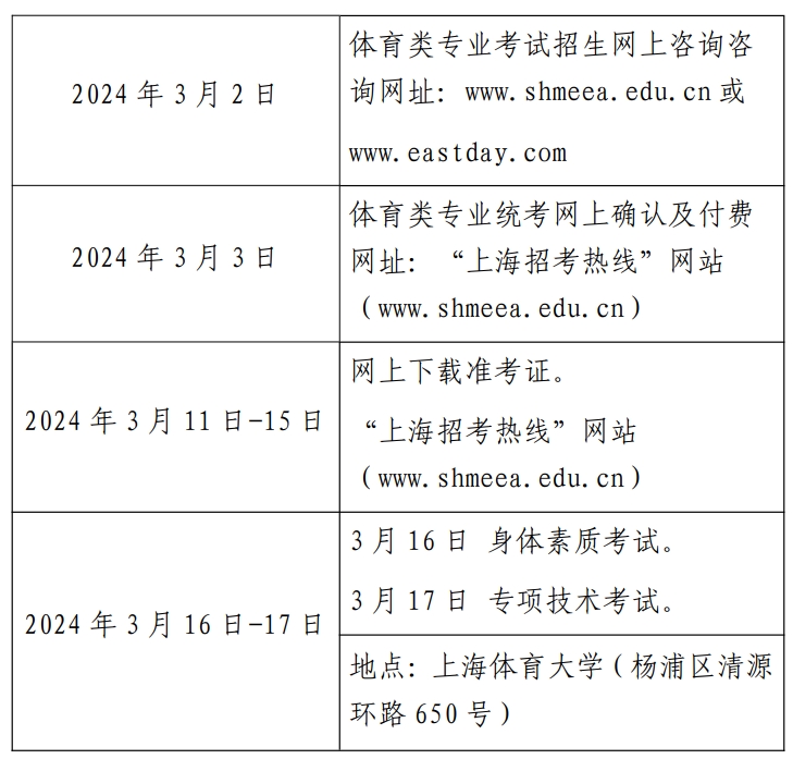 2024年上海市普通高校体育类专业考试招生工作日程