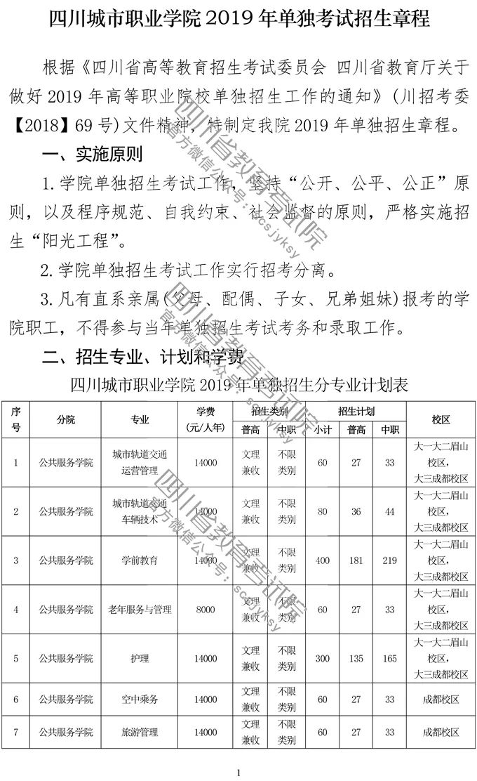 四川城市职业学院2019年单独考试招生章程