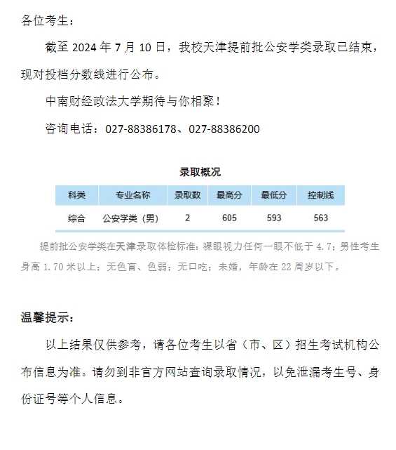 中南财经政法大学2024年本科招生录取分数线（天津提前批公安学类）