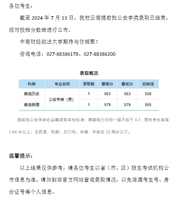 中南财经政法大学2024年本科招生录取分数线（云南提前批公安学类）