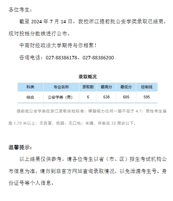 中南财经政法大学2024年本科招生录取分数线（浙江提前批公安学类）